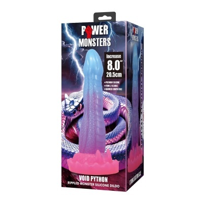 Dildo rosa e lilás com textura escamosa em embalagem POWER MONSTERS.