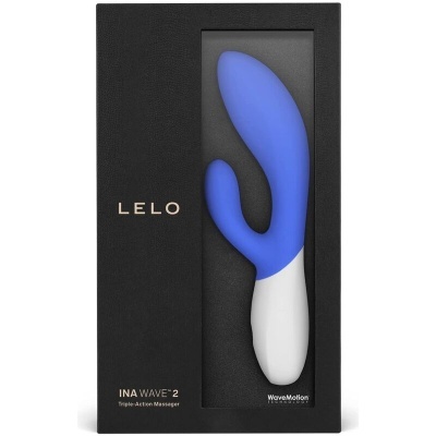Massageador corporal azul e branco INA WAVE 2 da LELO em caixa preta