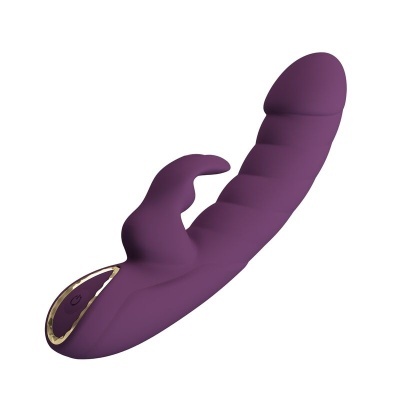 Vibrador roxo em silicone com estimulador clitoriano e textura estriada