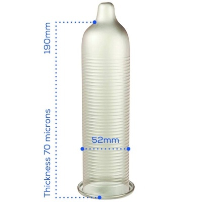 Preservativo transparente com textura e medidas em azul