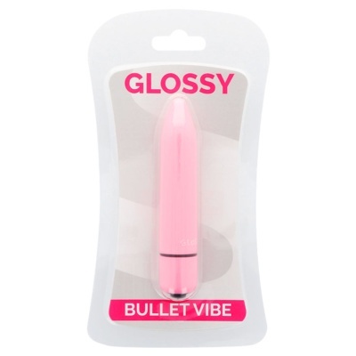 vibrador bullet cor-de-rosa em embalagem transparente com texto Glossy e Bullet Vibe
