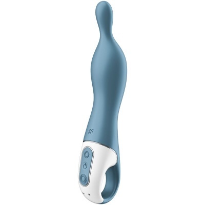 Vibrador azul com base branca e botões de controlo