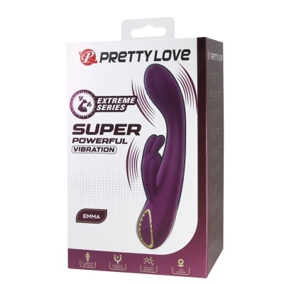 Caixa de vibrador Pretty Love Emma em silicone roxo com texto e ícones explicativos