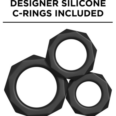 Três anéis C de silicone pretos com texto sobre tamanhos e inclusão gratuita.
