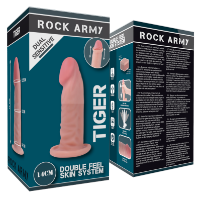 Embalagem azul escura do dildo ROCK ARMY TIGER 14 cm com texto e imagem do produto