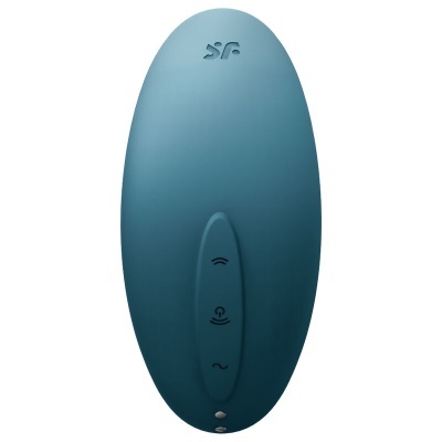 Dispositivo oval azul com três símbolos em relevo
