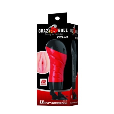 Embalagem de masturbador masculino Crazy Bull Delia, vermelho e preto, com texto e ilustração anatómica