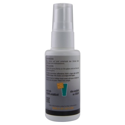 Frasco branco de spray com etiqueta cinza e texto bilíngue