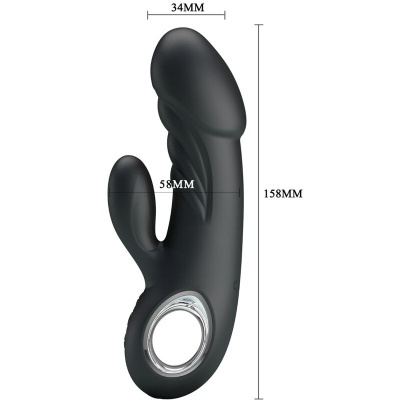Produto anatômico preto com dimensões marcadas em fundo branco