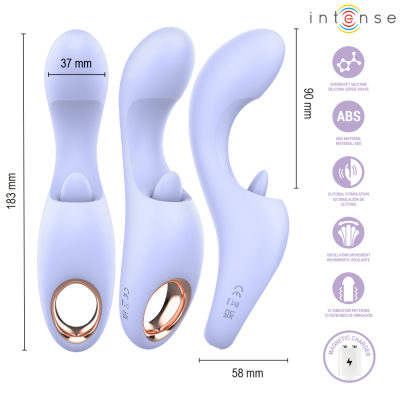 Vibrador anatómico lilás com anel cobre e detalhes técnicos em conjunto