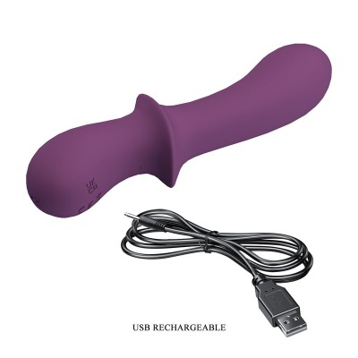 Vibrador roxo em silicone com cabo USB e texto USB RECHARGEABLE