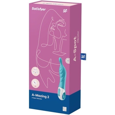 Embalagem do vibrador A-Mazing 2 da Satisfyer, cor rosa e azul, com imagem do vibrador azul e branco