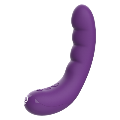 Vibrador roxo curvado com botões de controlo e símbolo branco