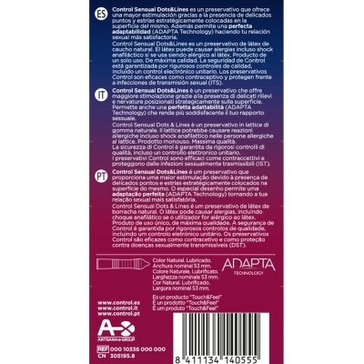 Embalagem vermelha e roxa de preservativos Control Sensual Dots&Lines com textos informativos e código de barras