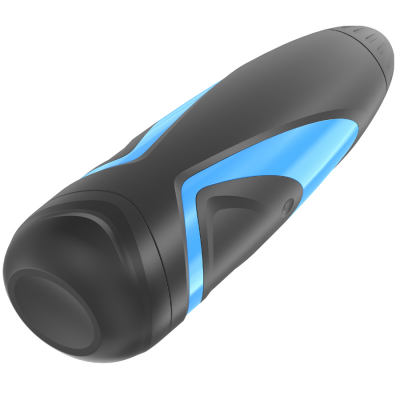 Produto ergonómico preto e azul em plástico e borracha com fundo branco