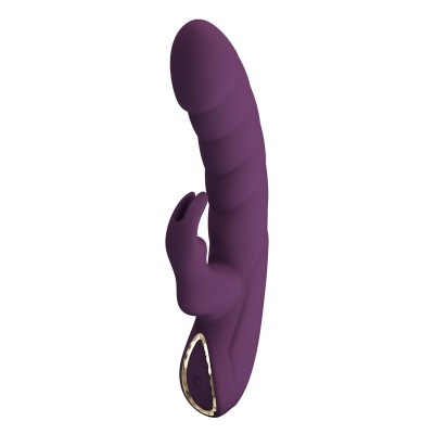 Vibrador roxo de silicone com textura ondulada e detalhe dourado