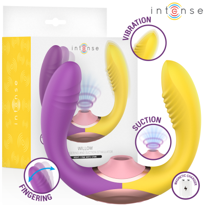 Estimulador Willow amarelo e roxo com funções de vibração e sucção na embalagem