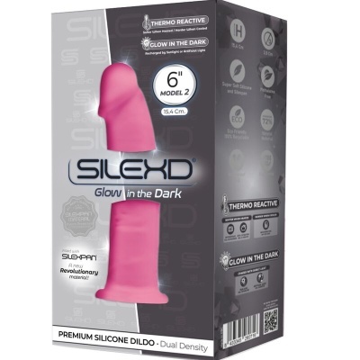Embalagem de dildo de silicone rosa com texto e detalhes