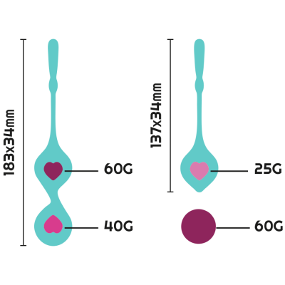 Conjuntos de pesos azuis e rosa com formato de coração e medidas indicadas.