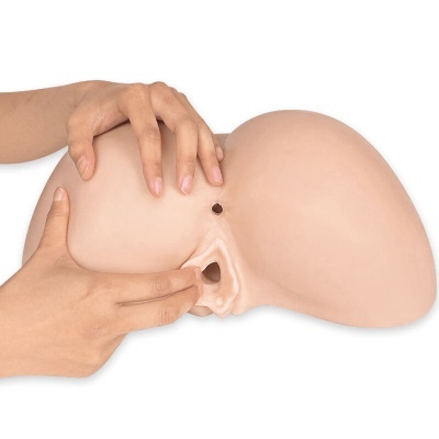 Modelo em silicone que simula nádegas feminina com genitália, toque manual