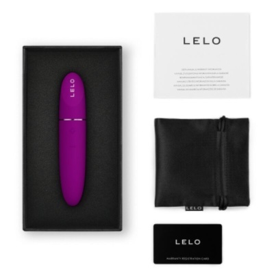 Vibrador roxo compacto com embalagem, saquinho, cartão e manual LELO.