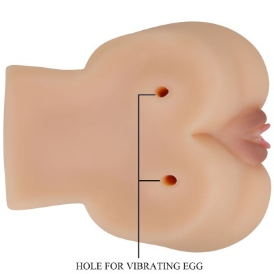 Modelo anatómico em silicone com dois orifícios e texto explicativo