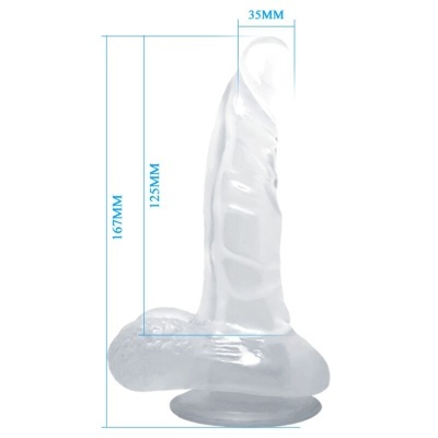 dildo transparente com textura e ventosa, medidas em milímetros