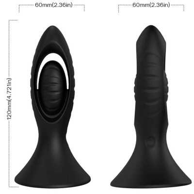 Dois dispositivos sexuais anal em silicone preto com texturas e dimensões indicadas