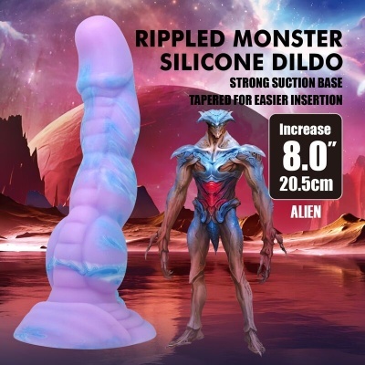 Dildo silicone ondulado rosa e azul com base de sucção, figura alienígena e texto descritivo