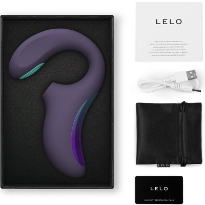 Conjunto de produto LELO com dispositivo roxo, manual, cabo USB, saco preto e cartão de garantia