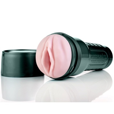 Masturbador masculino preto com interior rosa em forma de vagina e tampa preta ao lado