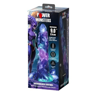 Embalagem de dildo de silicone POWER MONSTERS DUSKWALKER SENTINEL roxo, azul e verde com base de sucção