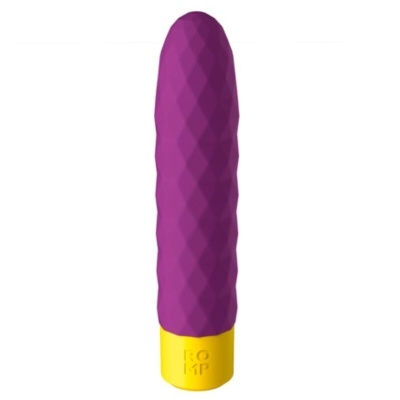 Vibrador púrpura com base amarela e textura em losangos