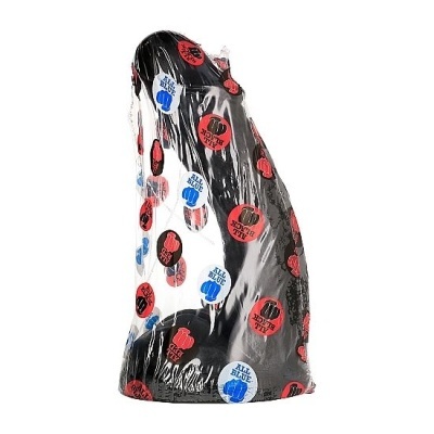 Escultura decorativa preta com embalamento transparente e estampas vermelhas e azuis