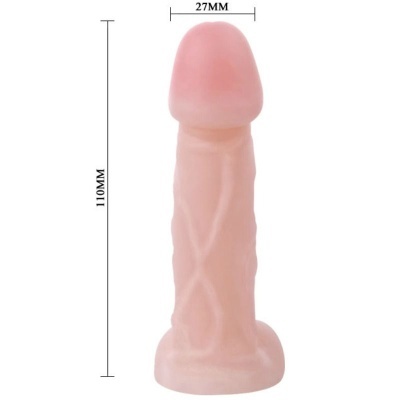 Dildo cor de pele com textura de veias e glande mais escura, medidas 110 mm x 27 mm