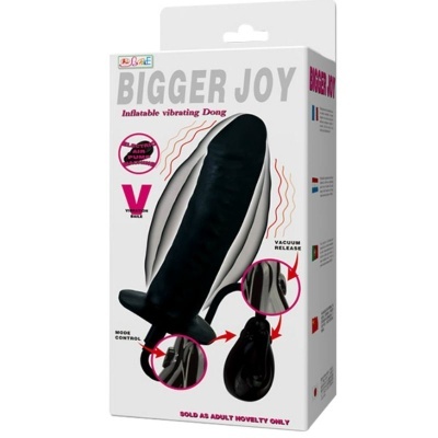 Embalagem branca com vibrador inflável preto e controlador, texto BIGGER JOY