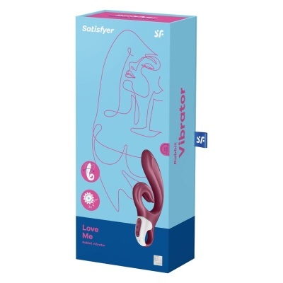 Caixa de vibrador rabbit bicolor azul e rosa com imagem do produto e texto