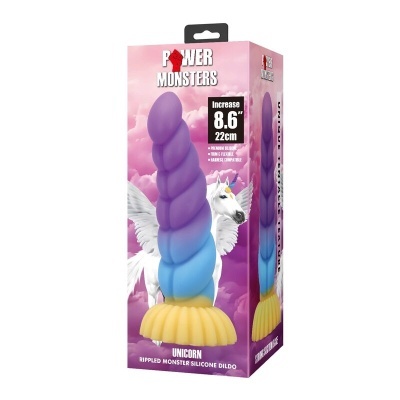 Embalagem rosa com dildo colorido e texto Power Monsters e Unicorn.