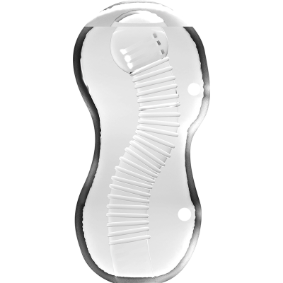 Brinquedo ou acessório plástico transparente e flexível com detalhes internos brancos em espiral.