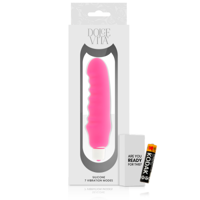 Vibrador rosa com bateria e caixa ao lado
