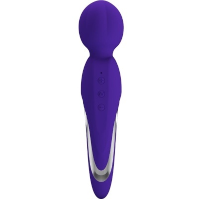 Massageador vibratório roxo com botões e acabamento prateado
