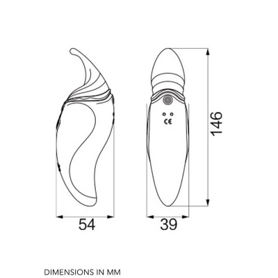 Desenho técnico de dispositivo com dimensões em mm e símbolo CE