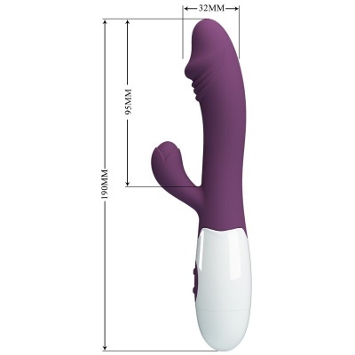 Vibrador roxo com base branca e medições visíveis