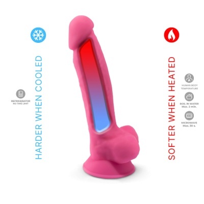 Brinquedo sexual cor-de-rosa com indicação de mudança de textura conforme temperatura