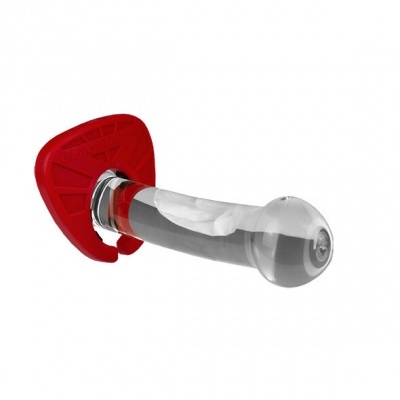 Peça de plástico transparente com base vermelha em fundo branco