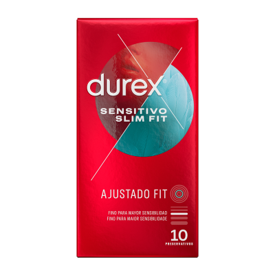 Embalagem vermelha de preservativos Durex Sensitivo Slim Fit ajustado fit 10 unidades