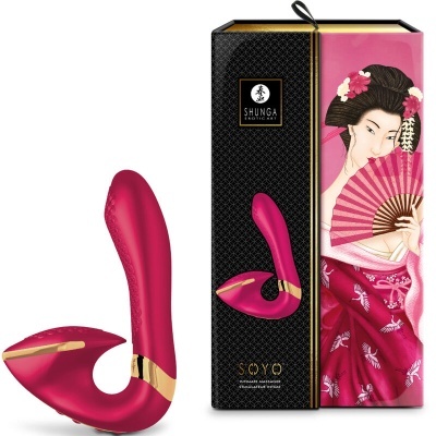 Vibrador vermelho com embalagem preta e rosa com mulher japonesa