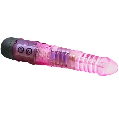 Vibrador rosa translúcido com texturas e base preta com botões