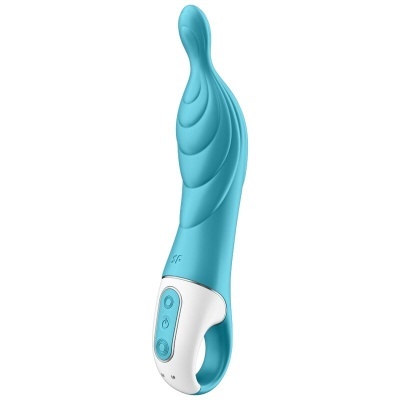 Vibrador azul claro com cabo branco e três botões