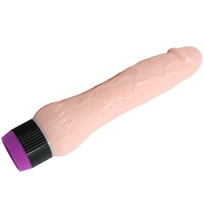 Vibrador cor da pele com textura veiculada e tampa preta com detalhe roxo
